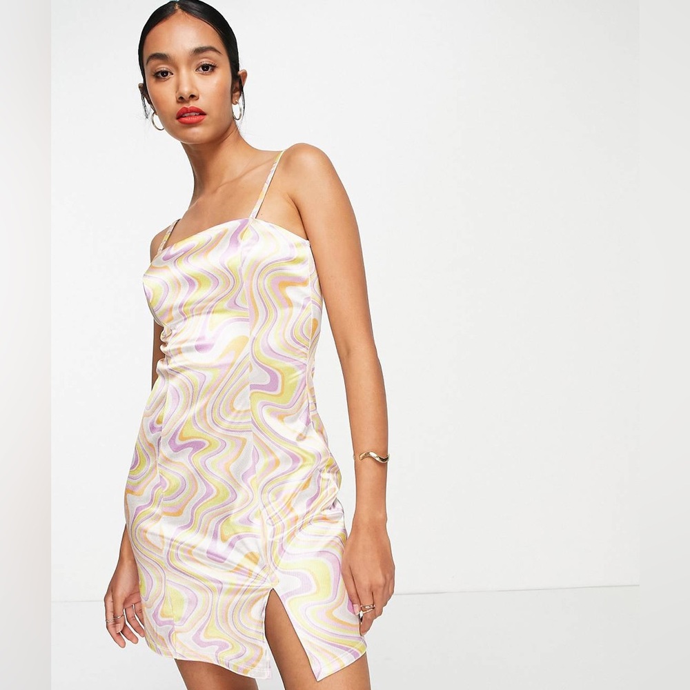 ASOS Curve River Island strappy square neck 60's print mini dress yellow size 16
